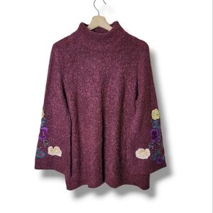 Denim 24/7 Womens Floral Embroidered Mock Neck Sweater L 18/20 Boho Cozy Cottage
